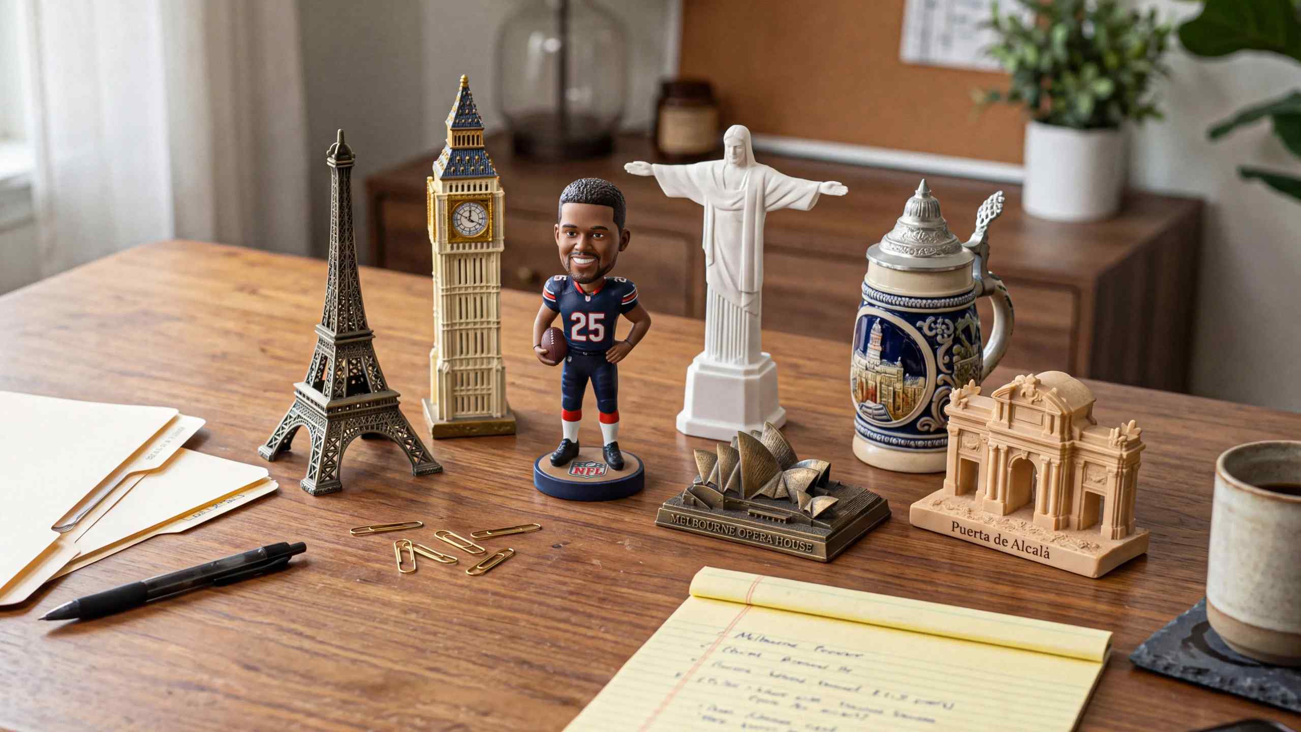 An NFL figurine on a desk with international souvenirs from Paris, London, Melbourne, Munich and Madrid.